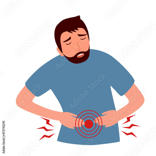 Man feel pain in stomach concept vector illustration on white background. Diarrhea or constipation. Abdomen disease and illness in flat design.