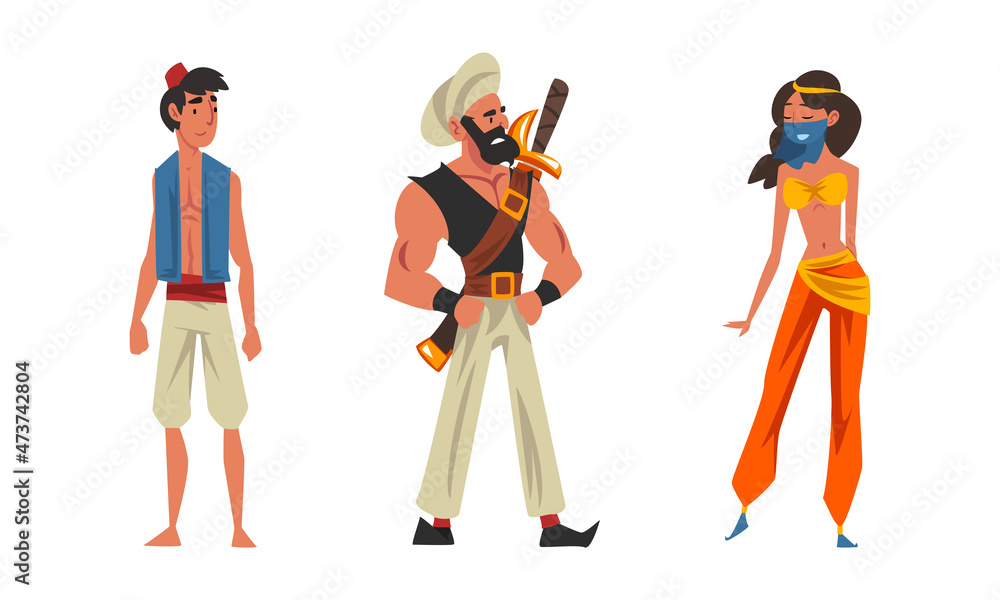 Bearded Wicked Man in Turban with Sword and Aladdin as Arabian Fairy Tale Character Vector Set