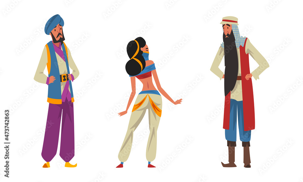 Bearded Man Sultan in Turban and Princess from Arabian Fairy Tale Character Vector Set