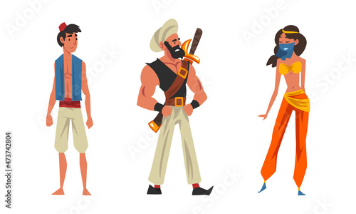 Bearded Wicked Man in Turban with Sword and Aladdin as Arabian Fairy Tale Character Vector Set