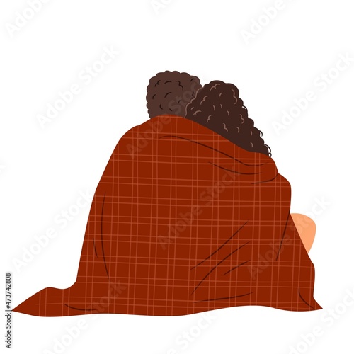 Backview of couple snugged in a red plaid blanket. Man and woman in love hugging. Flat cartoon vector illustration