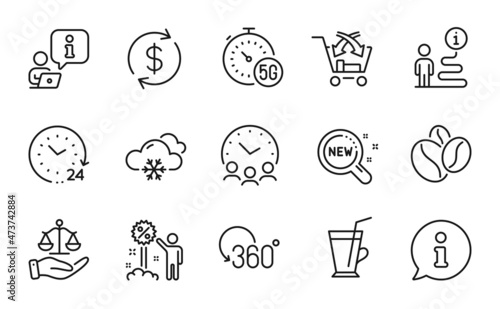 Business icons set. Included icon as Cross sell, Discount, Snow weather signs. Full rotation, 5g internet, Meeting time symbols. Justice scales, Coffee beans, New products. Usd exchange. Vector