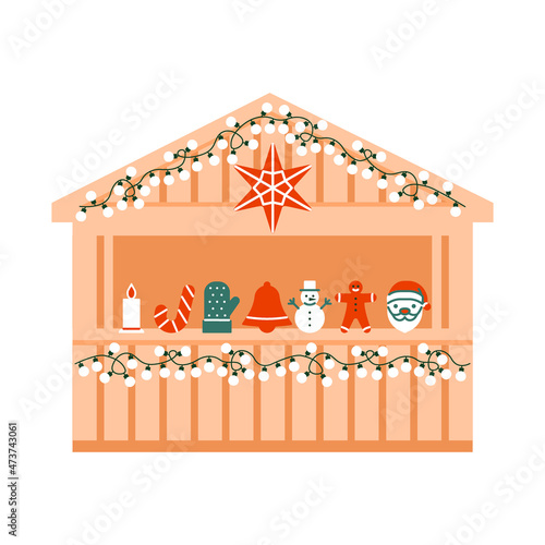Outdoor Christmas fair, holiday market with gift Christmas figure, exterior shop in small house. Wooden kiosks with commerce retail on xmas and new year. Vector flat illustration