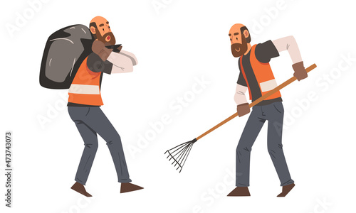 Bearded Man Janitor Wearing Orange Vest Carrying Bag with Garbage and with Rake Vector Set