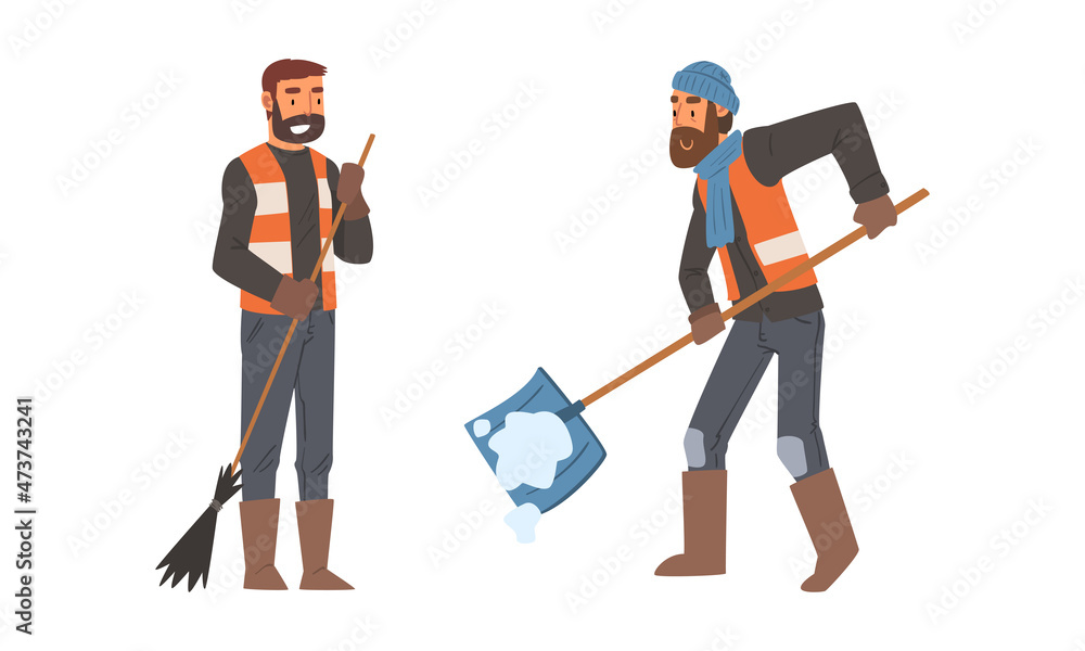 Bearded Man Janitor Wearing Orange Vest Shovel Away Snow and Sweeping Ground with Besom Vector Set