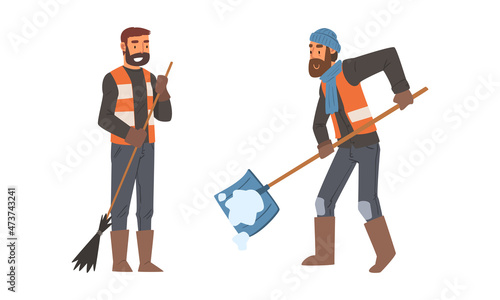 Bearded Man Janitor Wearing Orange Vest Shovel Away Snow and Sweeping Ground with Besom Vector Set