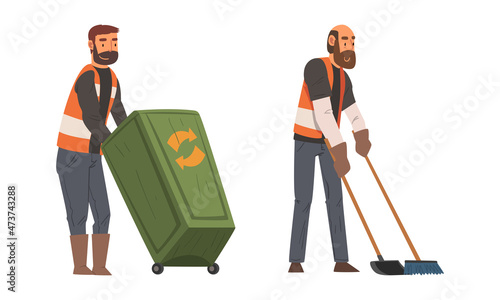 Bearded Man Janitor Wearing Orange Vest Pulling Dustbin and Sweeping Ground Vector Set