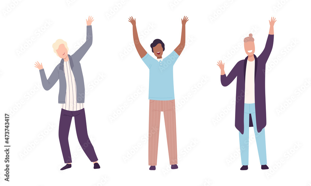 Excited Man with Raised Up Hands Cheering About Something Vector Set