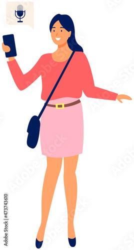 Cute young woman uses smartphone. Girl is holding gadget. Pastime in social networks. Internet addiction. Smiling girl listening to music via smartphone. Happy person uses mobile phone for photo