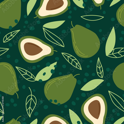Seamless pattern with avocado. Simple vector flat illustration with green vegetables on a dark background