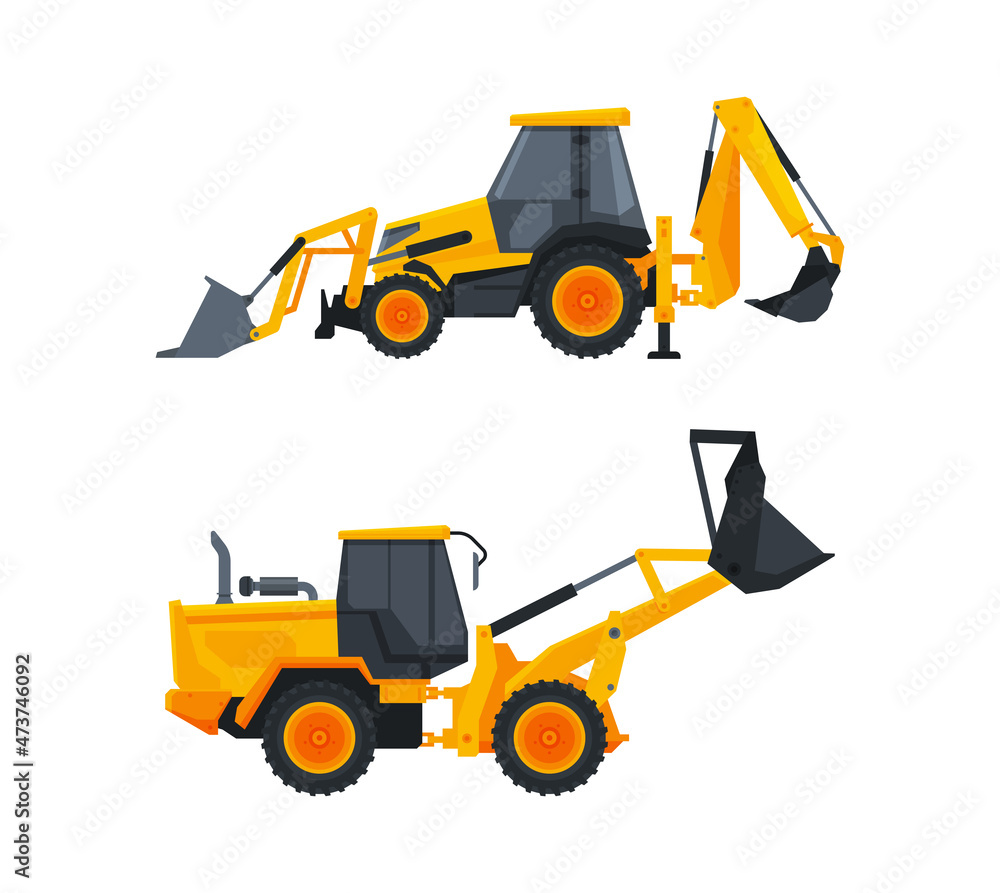 Heavy Equipment or Machinery for Construction Task and Earthwork Operation Vector Set