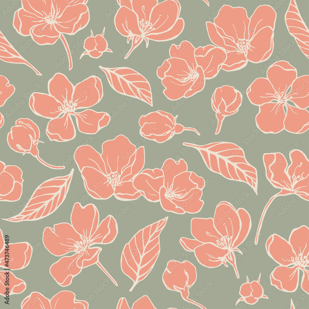 Flowers and leaves seamless vector pattern elegant floral background in pastel colors. Hand drawn Illustration for design packaging textile wallpaper fabric