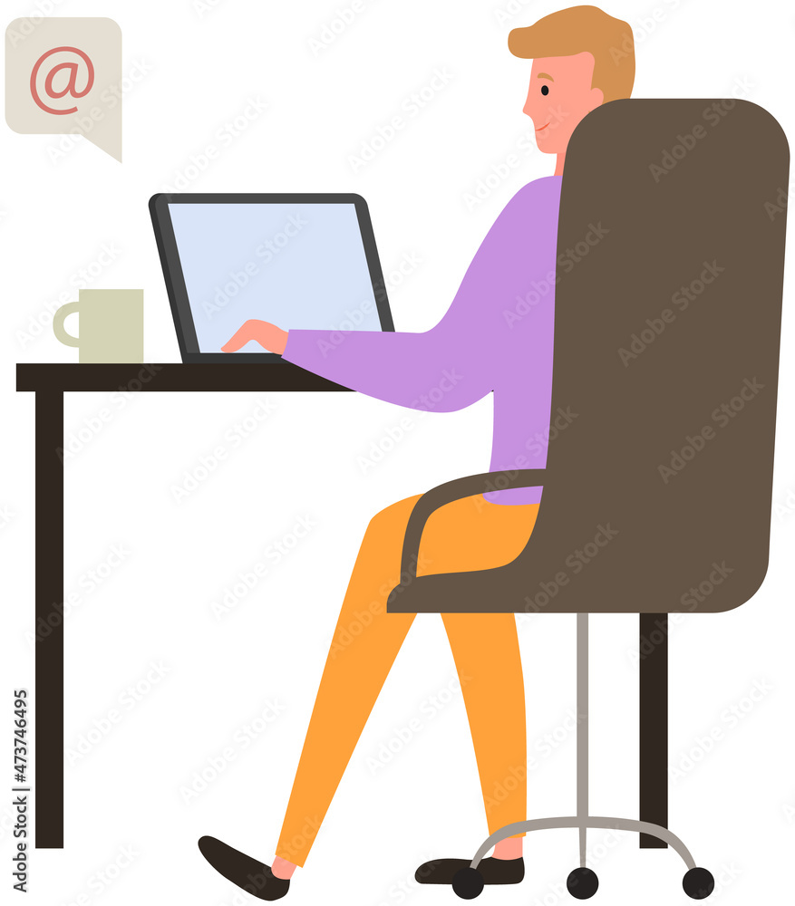 Chatting, sending messages, surfing Internet. Man sitting at workplace is using laptop to chat. Social networking, online communication. Guy spends time at laptop with social media, meeting website Chatting, sending messages, surfing Internet. Man sitting at workplace is using laptop to chat. Social networking, online communication. Guy spends time at laptop with social media, meeting website