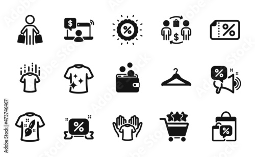 Vector set of Discounts offer, Discounts ribbon and Buyer icons simple set. T-shirt design, Discount banner and Buying process icons. Wallet money, Clean t-shirt and Shopping rating signs. Vector