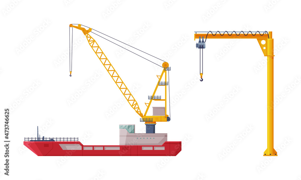 Crane Machine Equipped with Hoist Rope and Sheaves for Lifting and Lower Heavy Freight Vector Set Crane Machine Equipped with Hoist Rope and Sheaves for Lifting and Lower Heavy Freight Vector Set