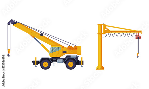 Crane Machine Equipped with Hoist Rope and Sheaves for Lifting and Lower Heavy Freight Vector Set