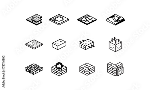 Construction materials and structure icons set. Vector linear isometric icons of reinforced concrete, ceramic tiles, bricks and pavers.