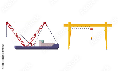 Crane Machine Equipped with Hoist Rope and Sheaves for Lifting and Lower Heavy Freight Vector Set