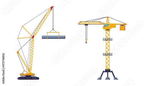 Crane Machine Equipped with Hoist Rope and Sheaves for Lifting and Lower Heavy Freight Vector Set