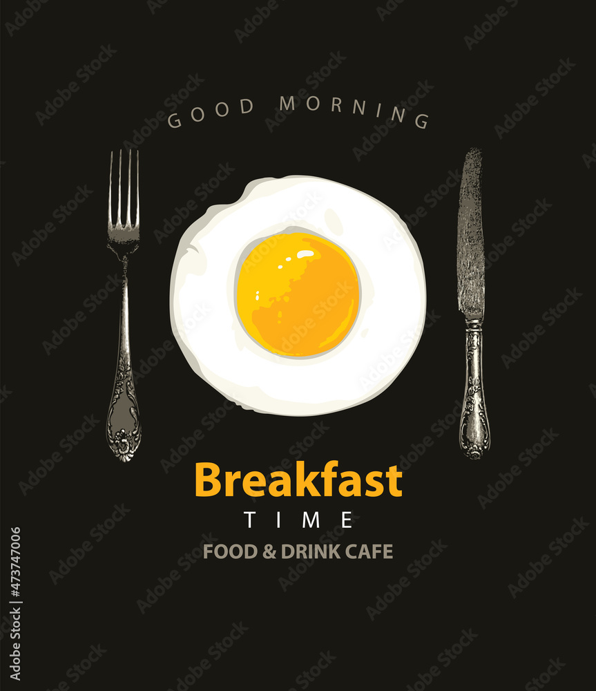 Vector banner on the theme of Breakfast time with appetizing fried egg, old beautiful fork and knife in retro style on the black background. Morning food and drink menu for cafe or restaurant Vector banner on the theme of Breakfast time with appetizing fried egg, old beautiful fork and knife in retro style on the black background. Morning food and drink menu for cafe or restaurant