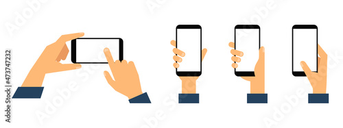 Smartphone in hand. Hands holding smartphone with blank white screen. Flat style. Vector illustration