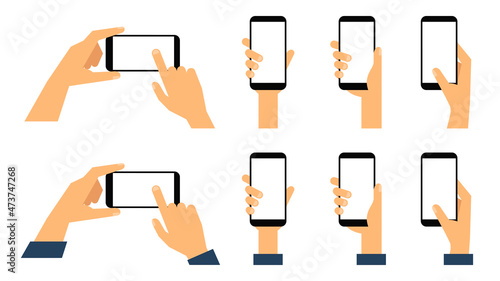 Smartphone in hand. Hands holding smartphone with blank white screen. Flat style. Vector illustration