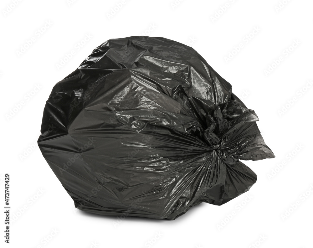 Black trash bag filled with garbage isolated on white