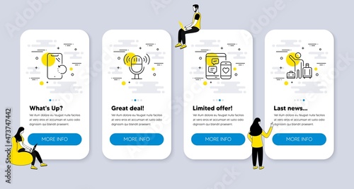 Vector Set of Business icons related to Social media, Microphone and Smartphone recovery icons. UI phone app screens with people. Airport transfer line symbols. Vector