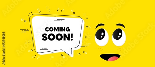 Coming soon text. Cartoon face chat bubble background. Promotion banner sign. New product release symbol. Coming soon chat message. Character smile face background. Vector