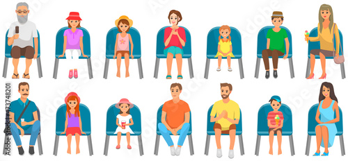 People sitting on chairs and watching show. Cartoon characters on seats looking at performance. Audience, spectators sitting on viewer places. Men and women in auditorium vector illustration