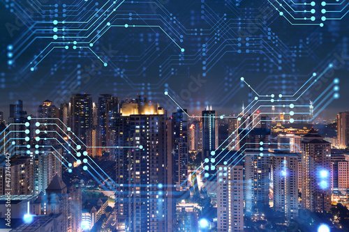 Photography Information flow hologram, night panorama city view of Kuala Lumpur