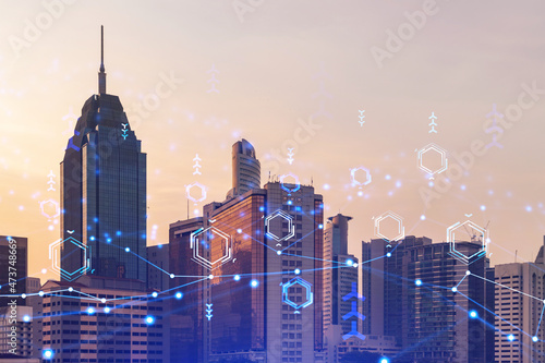 Photography Glowing hologram of technological process, aerial panoramic cityscape of Kuala Lumpur at sunset