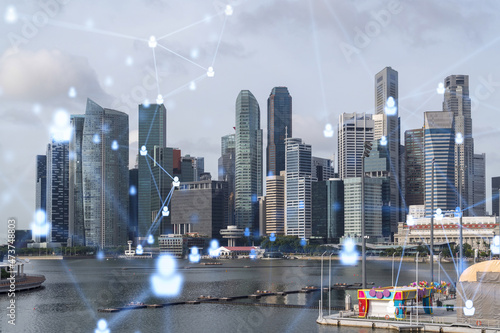 Canvas Print Social media icons hologram over panorama city view of Singapore, Asia