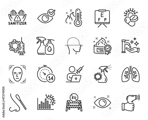 Vector set of Coronavirus spray, Coronavirus statistics and Electronic thermometer line icons set. Face scanning, Lungs and Eu close borders icons. Clean hands, Cream and Washing hands signs. Vector