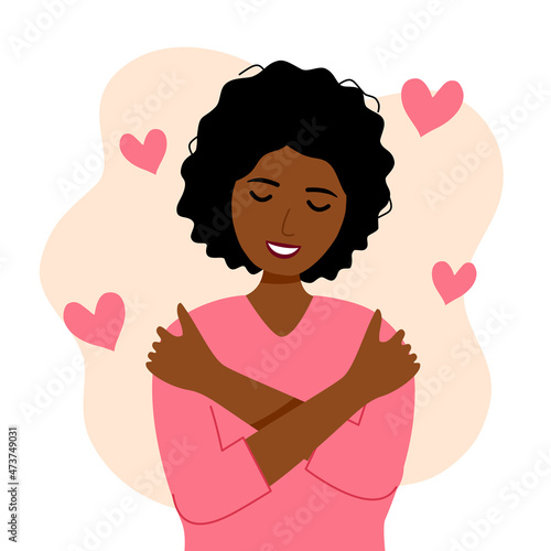 Self love concept vector illustration. Young pretty African woman hugging herself with pink heart shape around in flat design. Happiness.