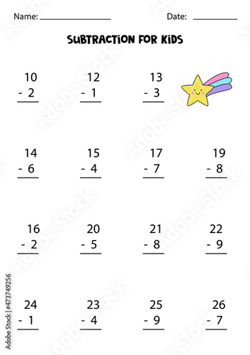 Subtraction with cute star. Educational math game for kids.