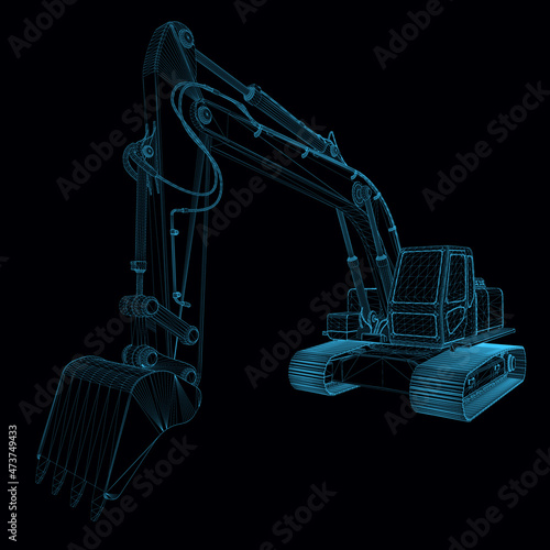 Excavator wireframe from blue lines isolated on dark background. Perspective view. 3D. Vector illustration