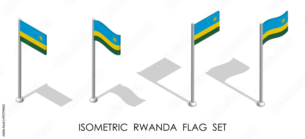 isometric flag of Republic of RWANDA in static position and in motion on flagpole. 3d vector isometric flag of Republic of RWANDA in static position and in motion on flagpole. 3d vector