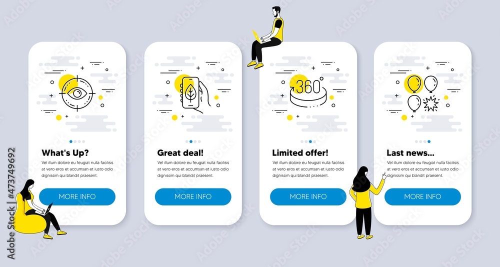 Vector Set of Business icons related to Eye target, Ecology app and 360 degrees icons. UI phone app screens with people. Balloon dart line symbols. Vector Vector Set of Business icons related to Eye target, Ecology app and 360 degrees icons. UI phone app screens with people. Balloon dart line symbols. Vector