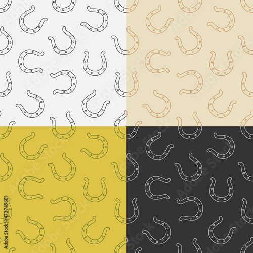 set of seamless patterns with horseshoe for horse. Symbol of good luck and happiness in culture. Ornament for decoration and printing on fabric. Design element. Vector