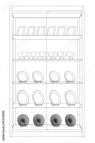 Outline of a shop window with plates and groceries from black lines isolated on a white background. Shop counter with kitchen utensils. Front view. Vector illustration