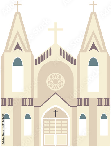 Old Catholic Church isolated on white background. Temple vector classic cathedral illustration. Religious building in style of ancient architecture, traditional prayer house with cross on roof