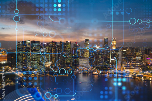 Canvas Print Information flow hologram, night panorama city view of Singapore