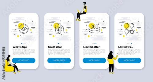 Vector Set of Business icons related to Eye target, Ecology app and 360 degrees icons. UI phone app screens with people. Balloon dart line symbols. Vector