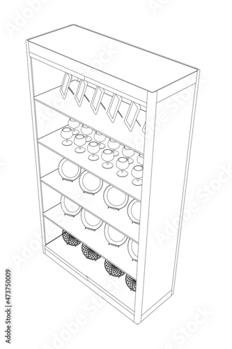 Outline of a shop window with plates and groceries from black lines isolated on a white background. Shop counter with kitchen utensils. Isometric view. Vector illustration