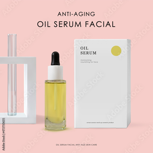 Oil serum glass bottle, cardboard packing, test tubes scientific laboratory glassware on pink background. Advertising design template beauty product presentation realistic vector for site, brochure