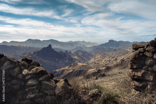 Landscape of the top of Gran Canaria island with Rock Bentayga in the background. 