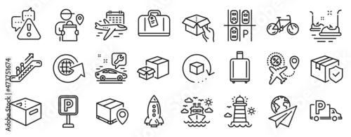 Set of Transportation icons, such as Parcel tracking, Car service, Escalator icons. Bumper cars, Hand baggage, Lighthouse signs. Truck parking, Return package, Paper plane. Office box. Vector