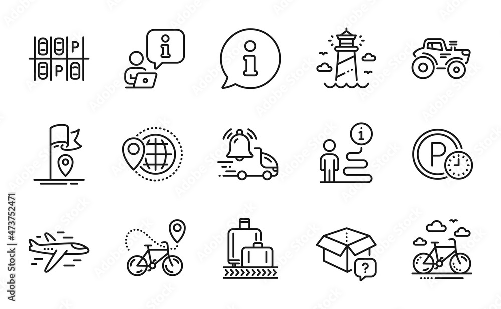 Transportation icons set. Included icon as Airplane, Delivery notification, Parking time signs. Baggage reclaim, Tractor, Flag symbols. Bike rental, World travel, Parking place. Lighthouse. Vector Transportation icons set. Included icon as Airplane, Delivery notification, Parking time signs. Baggage reclaim, Tractor, Flag symbols. Bike rental, World travel, Parking place. Lighthouse. Vector