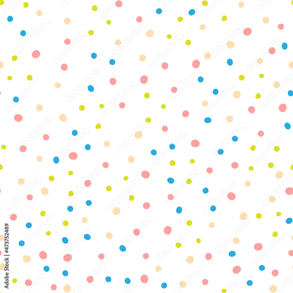 Seamless cute minimalistic childish gentle pattern with multicolored dots in pastel colors on a white background. Illustration background.
